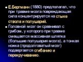 E.Бергманн (1880) предполагал, что при травме мозга повреждающая сила концентрируется на стыке ствола и полушарий. Головной мозг он сравнивал с грибом, у которого при травме смещается массивная шляпка (большие полушария мозга), а тонкая ножка (продолговатый мозг) подвергается сгибанию и перекручиван