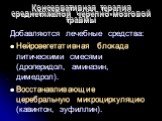 Консервативная терапия среднетяжелой черепно-мозговой травмы. Добавляются лечебные средства: Нейровегетативная блокада литическими смесями (дроперидол, аминазин, димедрол). Восстанавливающие церебральную микроциркуляцию (кавинтон, эуфиллин).