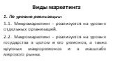 Виды маркетинга. 1. По уровню реализации: 1.1. Микромаркетинг - реализуется на уровне отдельных организаций. 2.2. Макромаркетинг - реализуется на уровне государства в целом и его регионов, а также крупных макрорегионов и в масштабе мирового рынка.