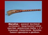 Жалейка – духовой тростевой инструмент, представляет собой короткую деревянную трубку с 3-7 боковыми отверстиями. Жалейка бывает одинарная и двойная.