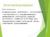 Эстетика Возрождения. Термин «Возрождение» (по-французски «ренессанс», по-итальянски «ринашименто»), подчеркивающий возвращение культурных идеалов античности, появился в XVI веке для определения новой культурной эпохи, сменившей Средневековье