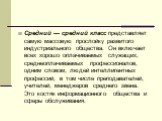 Средний — средний класс представляет самую массовую прослойку развитого индустриального обще­ства. Он включает всех хорошо оплачиваемых служа­щих, среднеоплачиваемых профессионалов, одним словом, людей интеллигентных профессий, в том чис­ле преподавателей, учителей, менеджеров среднего звена. Это ко