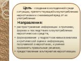 Цель - создание в молодежной среде ситуации, препятствующей злоупотреблению наркотиками и снижающей вред от их употребления Направления:  распространение информации о причинах, формах и последствиях злоупотреблении наркотических средств;  формирование у подростков навыка анализа и критической оцен