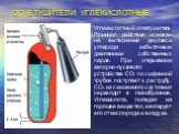 Углекислотный огнетушитель Принцип действия основан на вытеснении двуокиси углерода избыточным давлением собственных паров. При открывании запорно-пускового устройства СО2 по сифонной трубке поступает к раструбу. СО2 из сжиженного состояния переходит в газообразное. Углекислота, попадая на горящее в