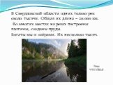 В Свердловской области одних только рек около тысячи. Общая их длина – 20.000 км. Во многих местах на реках построены плотины, созданы пруды. Богаты мы и озёрами. Их несколько тысяч. Река ЧУСОВАЯ