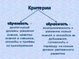 Критерии. обученность –достигнутый уровень усвоения знаний, качество знаний и навыков, способы и приёмы их приобретения. обучаемость – восприимчивость к усвоению новых знаний и способов их добывания, готовность к переходу на новые уровни умственного развития