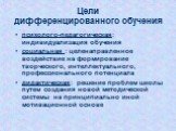 Цели дифференцированного обучения. психолого-педагогическая: индивидуализация обучения социальная : целенаправленное воздействие на формирование творческого, интеллектуального, профессионального потенциала дидактическая: решение проблем школы путем создания новой методической системы на принципиальн