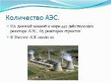 Количество АЭС. На данный момент в мире 442 действующих реактора АЭС, 65 реакторов строится В России АЭС около 10.