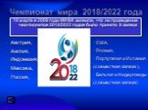 Чемпионат мира 2018/2022 года. 18 марта в 2009 года ФИФА заявила, что на проведение чемпионатов 2018/2022 годов было принято 9 заявок. Австрия, Англия, Индонезия, Мексика, Россия, США, Япония, Португалия и Испания (совместная заявка ), Бельгия и Нидерланды (совместная заявка)
