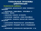 Экологические проблемы: ─ нарушение органической связи человека с природой; ─ загрязнение гидросферы, литосферы и атмосферы Земли; ─ изменение климата на планете; ─ истончение защитных слоев атмосферы; ─ истощение жизненно важных для человека ресурсов; ─ уменьшение биологического разнообразия; ─ сок