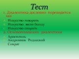 1. Диалектика дословно переводится как Искусство говорить Искусство вести беседу Искусство спорить 2. Основоположник диалектики Аристотель Андронник Родосский Сократ. Тест