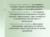 Абстрактное понятие – это понятие, которое трудно идентифицировать, представить, классифицировать. Теоретическое понятие – это понятие, специфическим содержание которого вступает объективная связь всеобщего и единичного (целостного и отличного). Эмпирическое понятие фиксирует одинаковые предметы в к