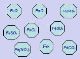 FeO Fe(OH)3 Fe2O3 FeSO4 FeCl2 Fe(NO3)2 Fe FeSO3 FeCO3