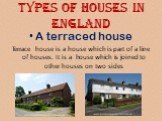A terraced house Terrace house is a house which is part of a line of houses. It is a house which is joined to other houses on two sides
