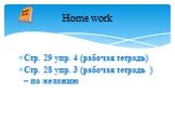 Стр. 29 упр. 4 (рабочая тетрадь) Стр. 28 упр. 3 (рабочая тетрадь ) – по желанию. Home work