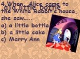 4.When Alice came to the White Rabbit’s house, she saw….. a little bottle b) a little cake c) Marry Ann. a little bottle