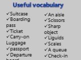 Useful vocabulary. Suitcase Boarding pass Ticket Carry-on Luggage passport Departure board luggage trolley. An aisle Scissors Sharp object Liguids Scales A queue Check-in