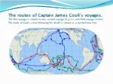 The routes of Captain James Cook's voyages. The first voyage is shown in red, second voyage in green, and third voyage in blue. The route of Cook's crew following his death is shown as a dashed blue line.