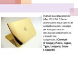 После выхода версии Mac OS X 10.0 было выпущено еще шесть ее модификаций, каждая из которых носит название животного из семейства кошачьих.(Cheetah (Гепард),Puma, Jaguar, Tiger, Leopard, Snow Leopard))