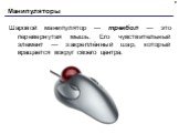 Шаровой манипулятор — трекбол — это перевернутая мышь. Его чувствительный элемент — закреплённый шар, который вращается вокруг своего центра.