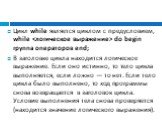 Цикл while является циклом с предусловием, while  do begin группа операторов end; В заголовке цикла находится логическое выражение. Если оно истинно, то тело цикла выполняется, если ложно — то нет. Если тело цикла было выполнено, то ход программы снова возвращается в заголовок цикла. Условие выполне