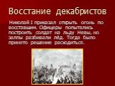 Николай I приказал открыть огонь по восставшим. Офицеры попытались построить солдат на льду Невы, но залпы разбивали лёд. Тогда было принято решение расходиться.