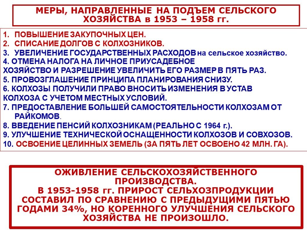 Увеличение государственных. СССР 1953-1964. Меры направленные на подъем сельского хозяйства в 1958-1964 гг. Сельское хозяйство в СССР В 1953-1964 гг. Итоги социально-экономического развития СССР В 1953 – 1964 гг..