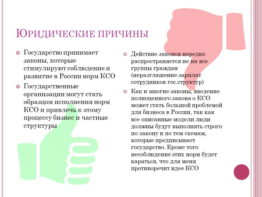 Юридические причины. Нормативы КСО. Юридические причины это. Закон о КСО. Государство побуждает к соблюдению права пример из закона.