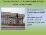 Систему органов государственной власти области составляют: Законодательный (представительный) орган государственной власти области - Тульская областная Дума.
