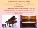 В наше время существуют две его разновидности: рояль — для концертного исполнительства и пианино — для домашнего музицирования. Появление фортепиано изменило характер всей европейской музыки. За последние 300 лет почти все великие композиторы писали для фортепиано.