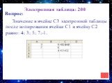 Электронная таблица: 200. Значение в ячейке С3 электронной таблицы после копирования ячейки C1 в ячейку С2 равно: 4; 3; 5; 7;-1.