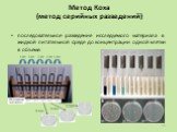 Метод Коха (метод серийных разведений). последовательное разведение исследуемого материала в жидкой питательной среде до концентрации одной клетки в объеме.