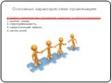 Основные характеристики организации. Основные характеристики организации включают в себя 4 составляющих: 1. наличие границ; 2. структурированность; 3. синергетический эффект; 4. систем целей.