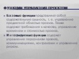 ФУНКЦИИ УПРАВЛЕНИЯ ПРОЕКТОМ. Базовые функции представляют собой содержательную сущность, т. е. управление предметной областью проекта. Также содержат требования к качеству, управление временем и стоимостью проекта. Интегрирующие функции содержат управление персоналом проекта, коммуникациями, контрак