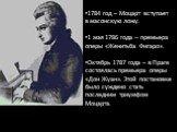 1784 год – Моцарт вступает в масонскую ложу. 1 мая 1786 года – премьера оперы «Женитьба Фигаро». Октябрь 1787 года – в Праге состоялась премьера оперы «Дон Жуан». Этой постановке было суждено стать последним триумфом Моцарта.