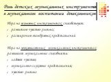 Роль детских музыкальных инструментов в музыкальном воспитании дошкольников. Игра на шумовых инструментах способствует: развитию чувство ритма; расширению тембровых представлений Игра на звуковысотных музыкальных инструментах развивает музыкальные способности: ладовое чувство; музыкально-слуховые пр