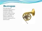 Валторна. Валторна (рожок) - изначально произошла от охотничьего рожка, валторна может быть мягкой и выразительной или резкой и скрипучей. Обычно в оркестре используется от 2 до 8 валторн в зависимости от произведения.