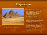 Пирамиды. Самым большим чудом Египта, были пирамиды - эти удивительные искусственные горы - гробницы древних египетских царей. Они располагаются на западе, имеют правильную форму и тянутся на десятки километров - от современного города Каира до Фаюмского оазиса, на левом- западном берегу Нила (запад