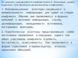 По мнению американского конфликтолога В. Линкольна, можно выделить пять факторов межличностных конфликтов: 1. Информационные факторы сводящиеся к неприемлемости информации для одной из сторон конфликта. Обычно они проявляются в формах неполной и неточной информации, слухов, дезинформации, ненадежнос