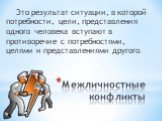 Это результат ситуации, в которой потребности, цели, представления одного человека вступают в противоречие с потребностями, целями и представлениями другого.