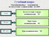 2 учебный вопрос. Организационные мероприятия по подготовке и проведению АСДНР. В отсутствии угрозы возникновения ЧС. При угрозе возникновения ЧС. При возникновении ЧС