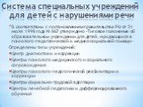 Система специальных учреждений для детей с нарушениями речи. В соответствии с постановлением правительства РФ от 31 июля 1998 года № 867 утверждено «Типовое положение об образовательном учреждении для детей, нуждающихся в психолого-педагогической и медико-социальной помощи» Определены типы учреждени