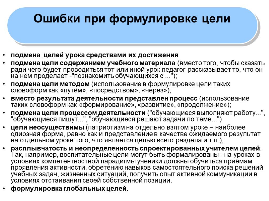 Как правильно писать обучающейся. Ошибки при формулировке цели. Формулировка цели урока. Ошибки в формулировании цели. Ошибки при формулировке темы проекта.