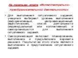 На третьем этапе «Интеллектуально-преобразовательной деятельности». Для выполнения ситуативного задания, учащиеся выбирают уровень выполнения (информативный, импровизационный, эвристический), способ деятельности (индивидуальный или коллективный) и самоорганизуются для выполнения ситуативного задания