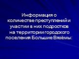 Информация о количестве преступлений и участии в них подростков на территории городского поселения Большие Вязёмы: