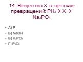 14. Вещество Х в цепочке превращений: PH3 X  Na3PO4. А) P Б) NaOH В) K3PO4 Г) P2O5