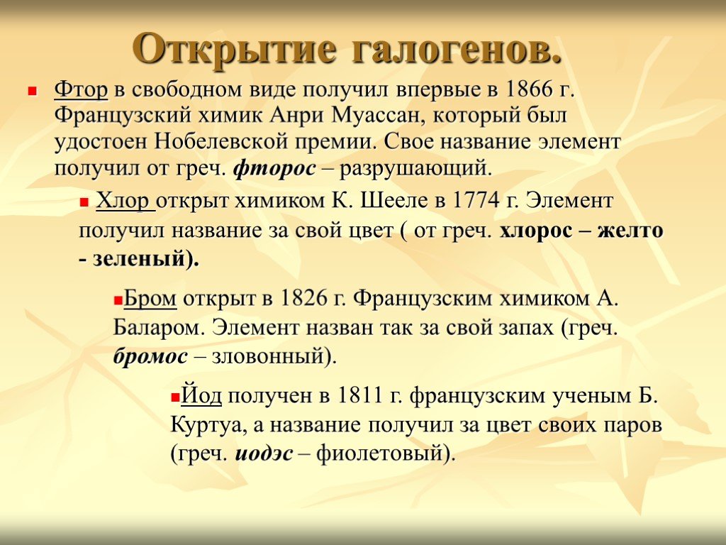 Работа по галогенам. Открытие галогенов. Открытие галогена фтора. Фтор в Свободном виде.