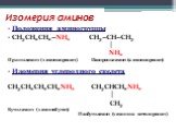 Изомерия аминов. Положения аминогруппы CH3CH2CH2–NH2 CH3–CH–CH3 │ NH2 Пропиламин (1-аминопропан ) Изопропиламин (2-аминопропан) Изомерия углеродного скелета CH3CH2CH2CH2NH2 CH3CHCH2NH2 │ CH3 Бутиламин (1-аминобутан) Изобутиламин (1-амино-2- метилпропан)