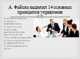 А. Файоль выделил 14 основных принципов управления. 1) разделение труда; 2) власть и ответственность; 3) дисциплина; 4) единство распорядительства (единоначалие); 5) единство руководства; 6) подчинение частных интересов общим; 7) вознаграждение по труду;