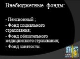 Внебюджетные фонды: - Пенсионный ; - Фонд социального страхования; - Фонд обязательного медицинского страхования; - Фонд занятости.